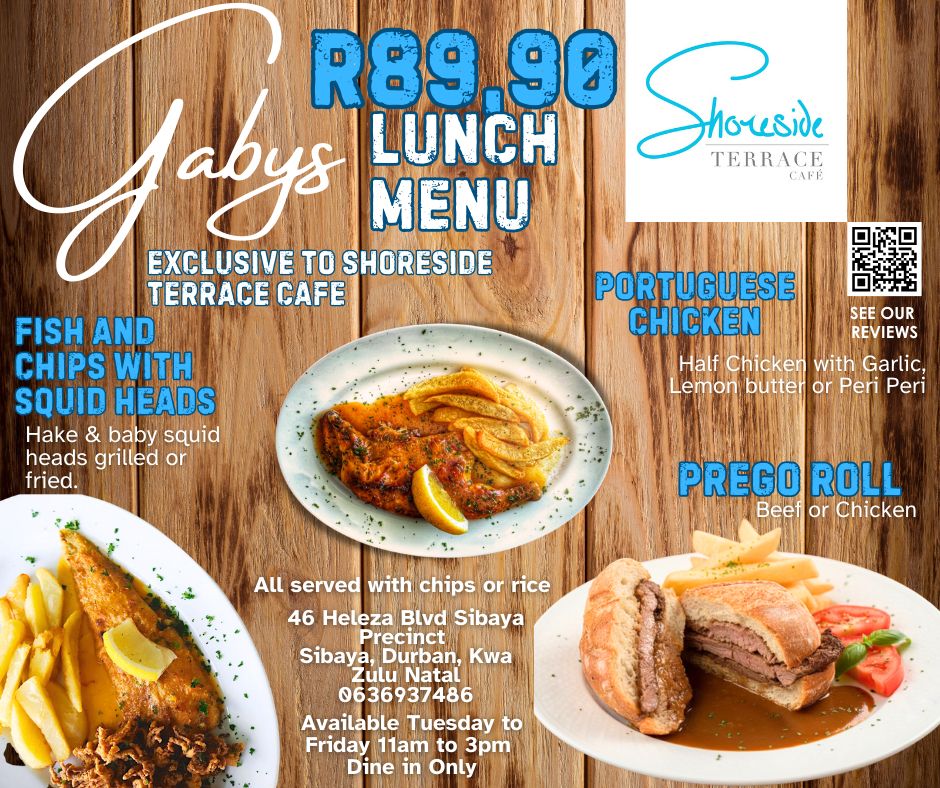 Shoreside Terrace Cafe R89.90 lunch specials menu